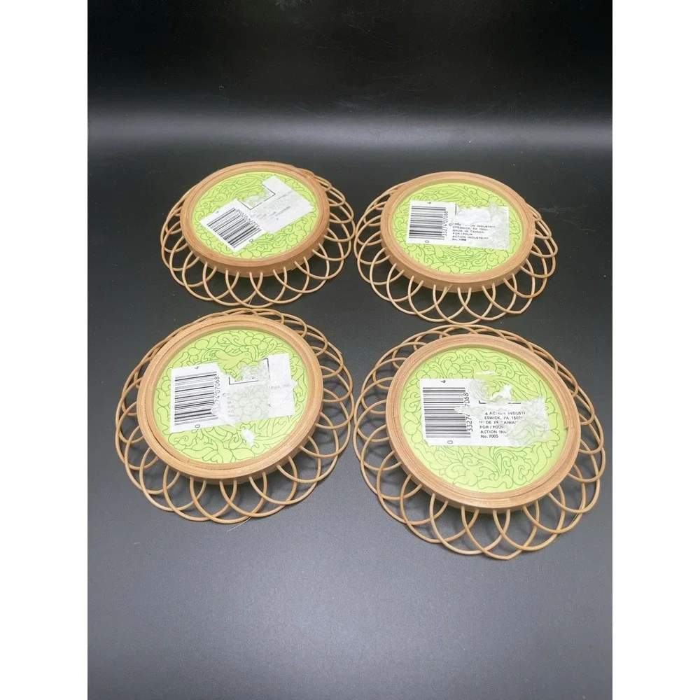 Vintage 80s BOHO Bamboo Wicker Rattan Coasters Set Of  Four  Birds
